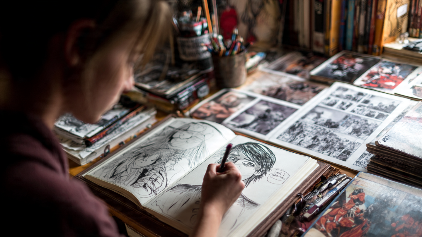 Woman artist sketching at cluttered desk