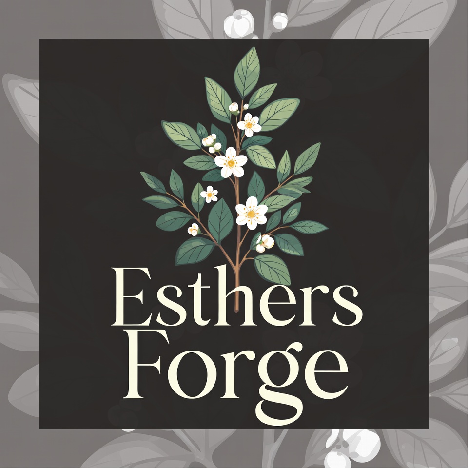 EsthersForge logo with myrtle branches and flowers symbolizing beauty, strength, and faith