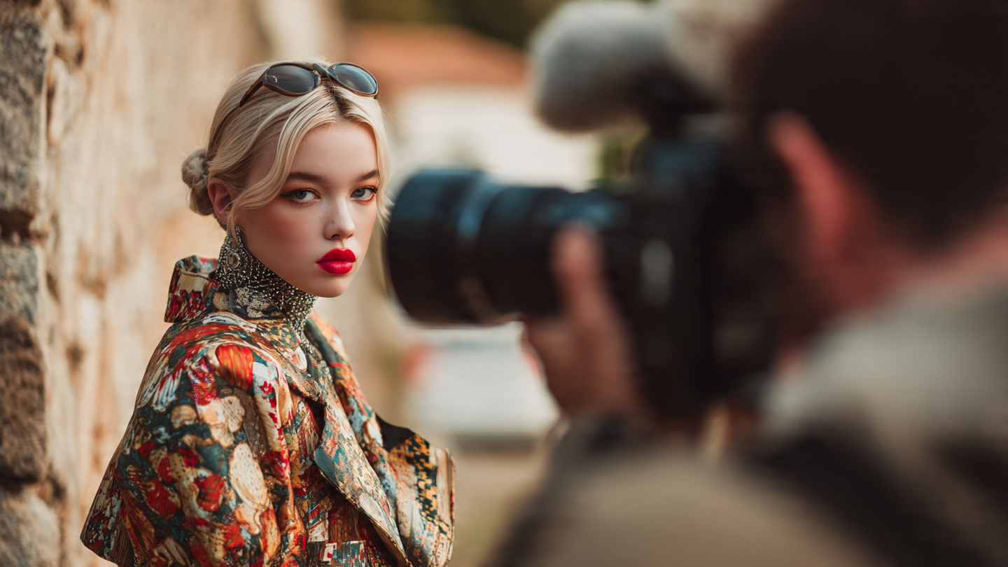 Blonde woman in patterned jacket during fashion shoot