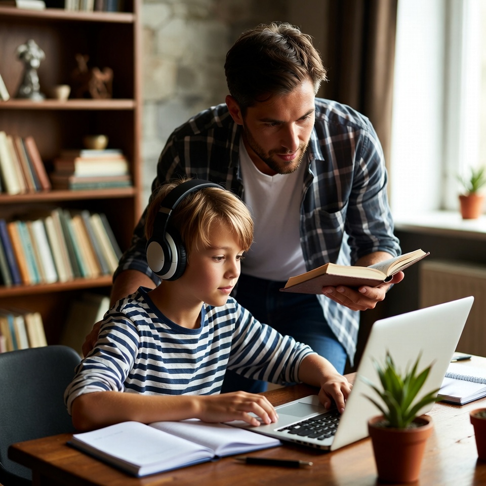 Father and son engaged in home-centered learning with books and focus