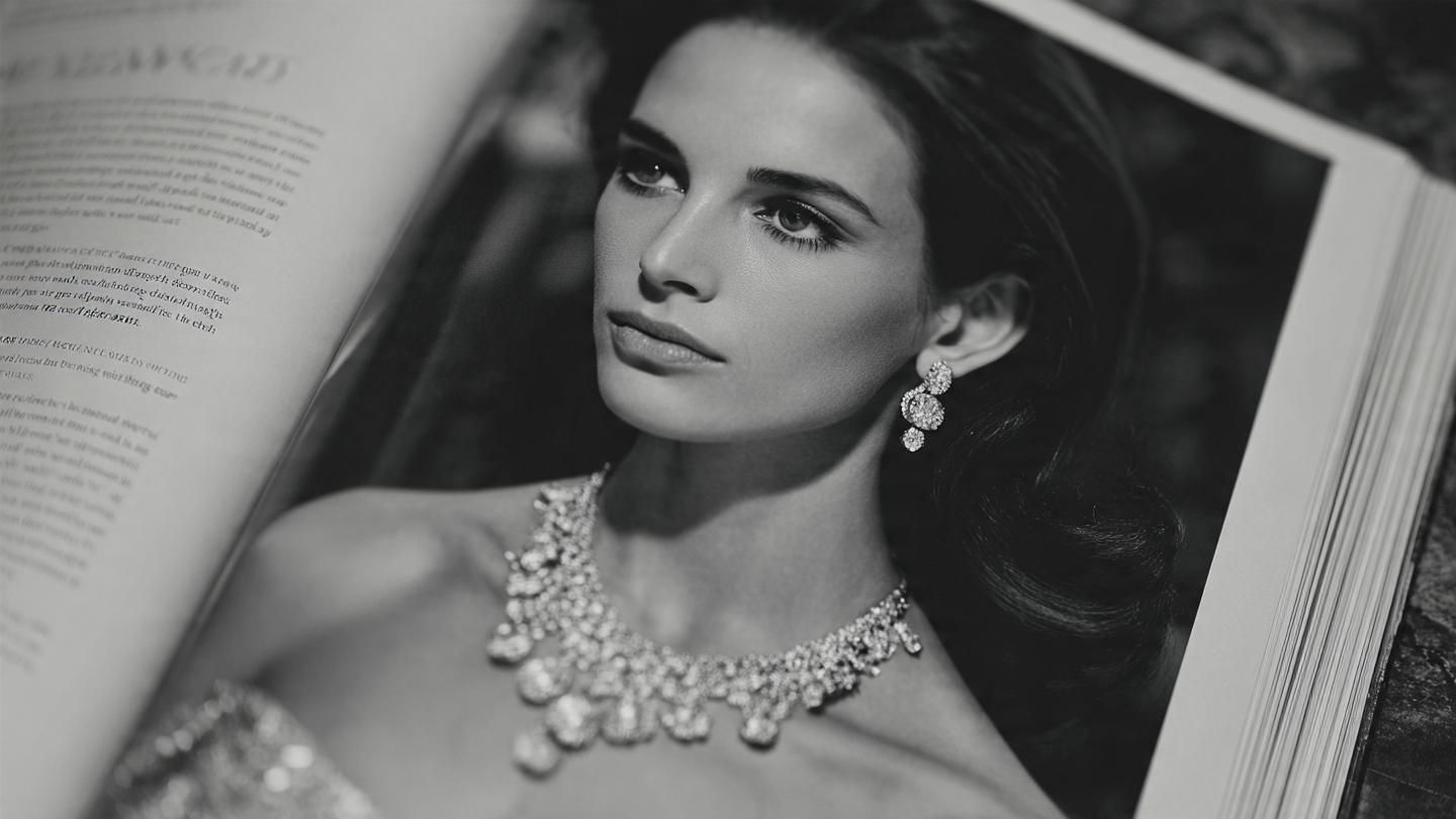 Elegant woman with jewelry reading magazine in black and white