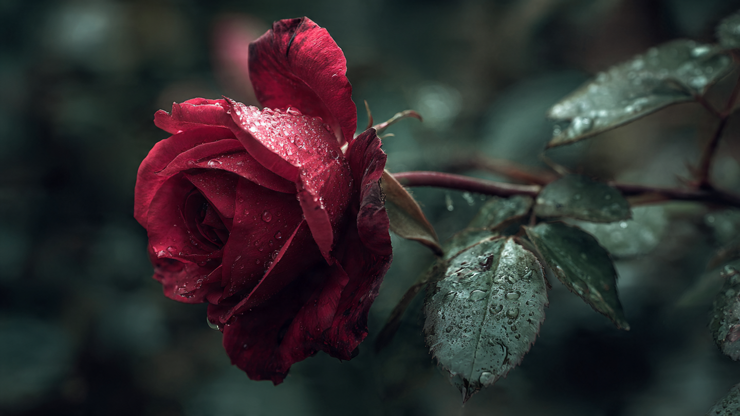 Dew-covered red rose symbolizing natural beauty